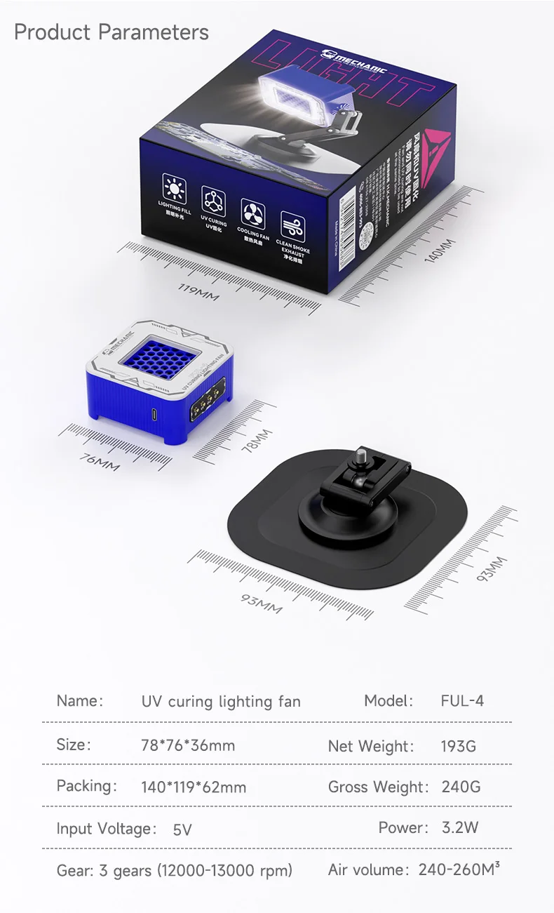 MONTEUR FUL-4 UV-uithardingslichtventilator 3,2 W Opvouwbaar 180 graden rotatie Reparatiegereedschap Accessoire met draagbare verlichting voor reparatie