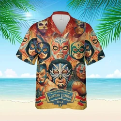 2024 Summer New Fashion Mexican Men's Hawaiian Shirt Beach Summer Button Down Mexican Mask Wrestling Hawaiian Men's Shirt