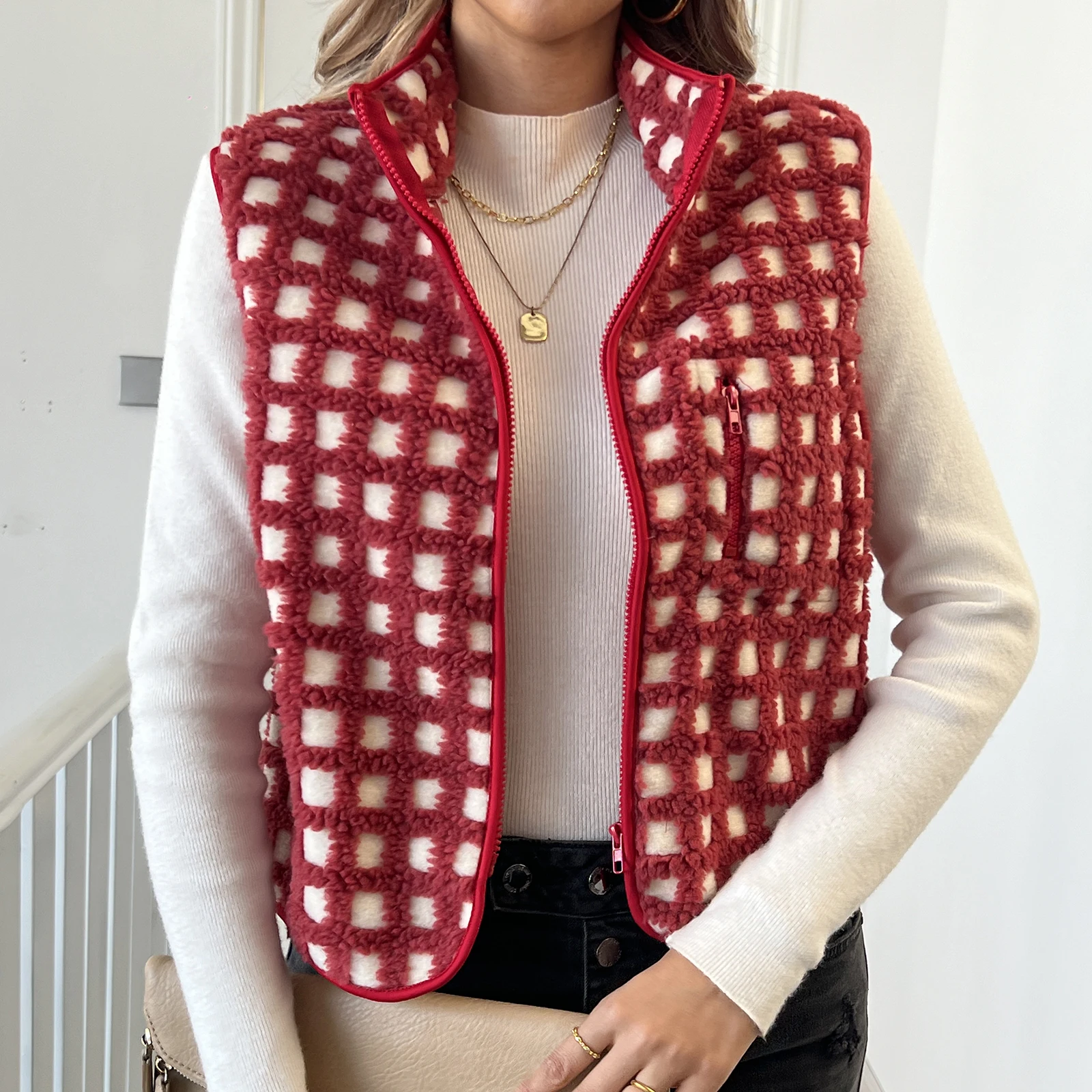 Women’s Fuzzy Checkered Vest Sleeveless Stand Collar Zip Up Vest Jacket Loose Spring Fall Warm Outwear