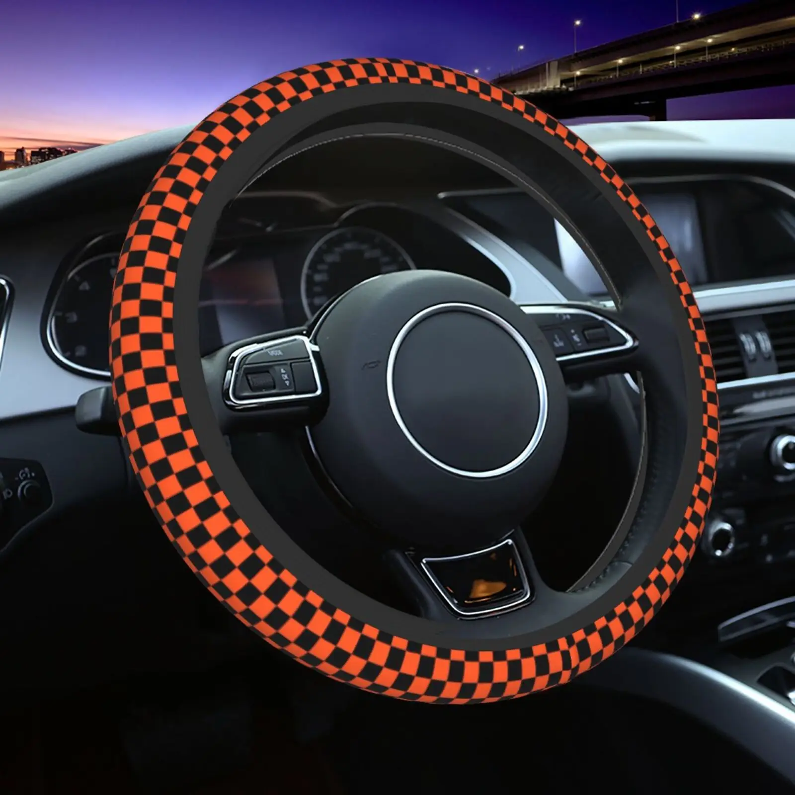 Black and Orange Grid Pattern Print Car Steering Wheel Cover Soft Comfy Protective Decoration  Automotive Supplies for 15Inches