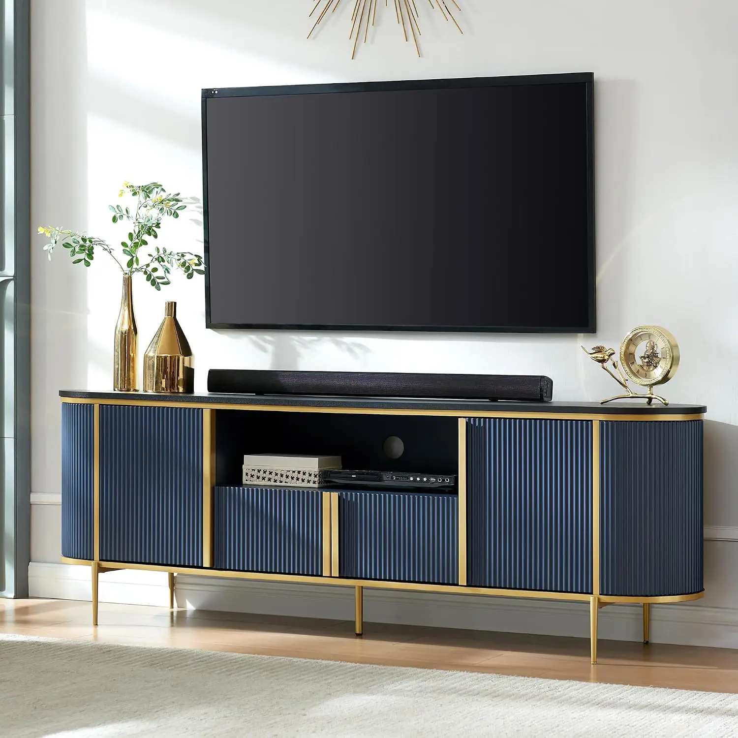 70" Fluted TV Stand with Storage, Faux Marble Top Entertainment Center for TVs Up to 80", Modern Curved Edge Media Console Cabin