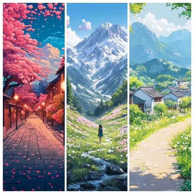

Dreamy Fresh Pastel Blend Anime Art Jigsaw Puzzle, Cherry Blossom & Wild Meadow Mixed Idyllic Rural Room Vibe Decor