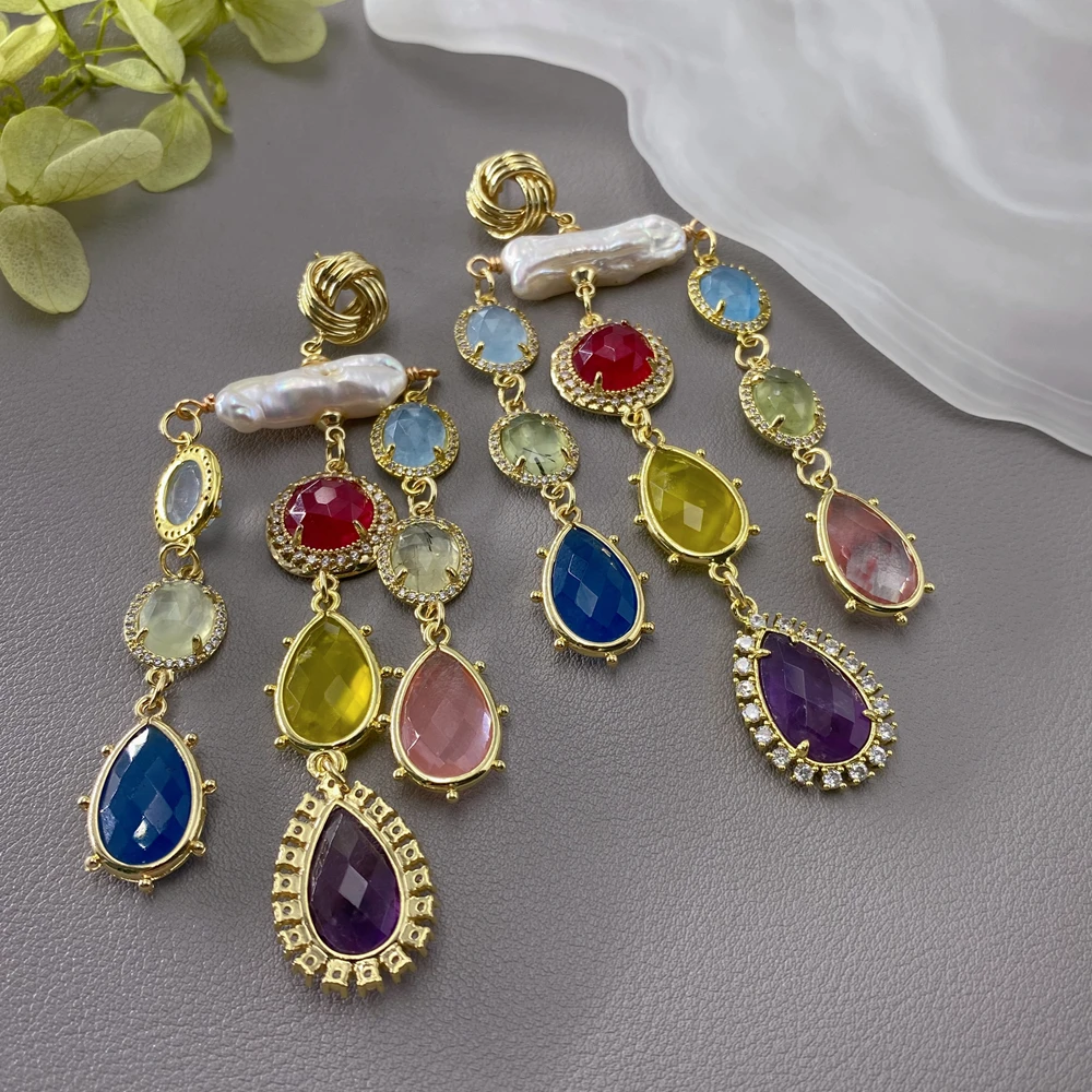 Y·YING Baroque Pearl Multi Color Faceted Gemstone Long Dangle Earrings Boho Drop Earrings Luxury Party Jewelry Gift for Women