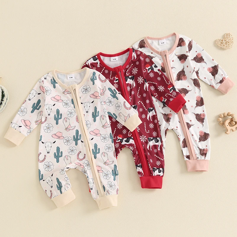 2024-05-20 Lioraitiin Baby Girls Autumn Casual Jumpsuit Long Sleeve Cattle Head/Cow/Cactus Print Oblique Zipper Romper