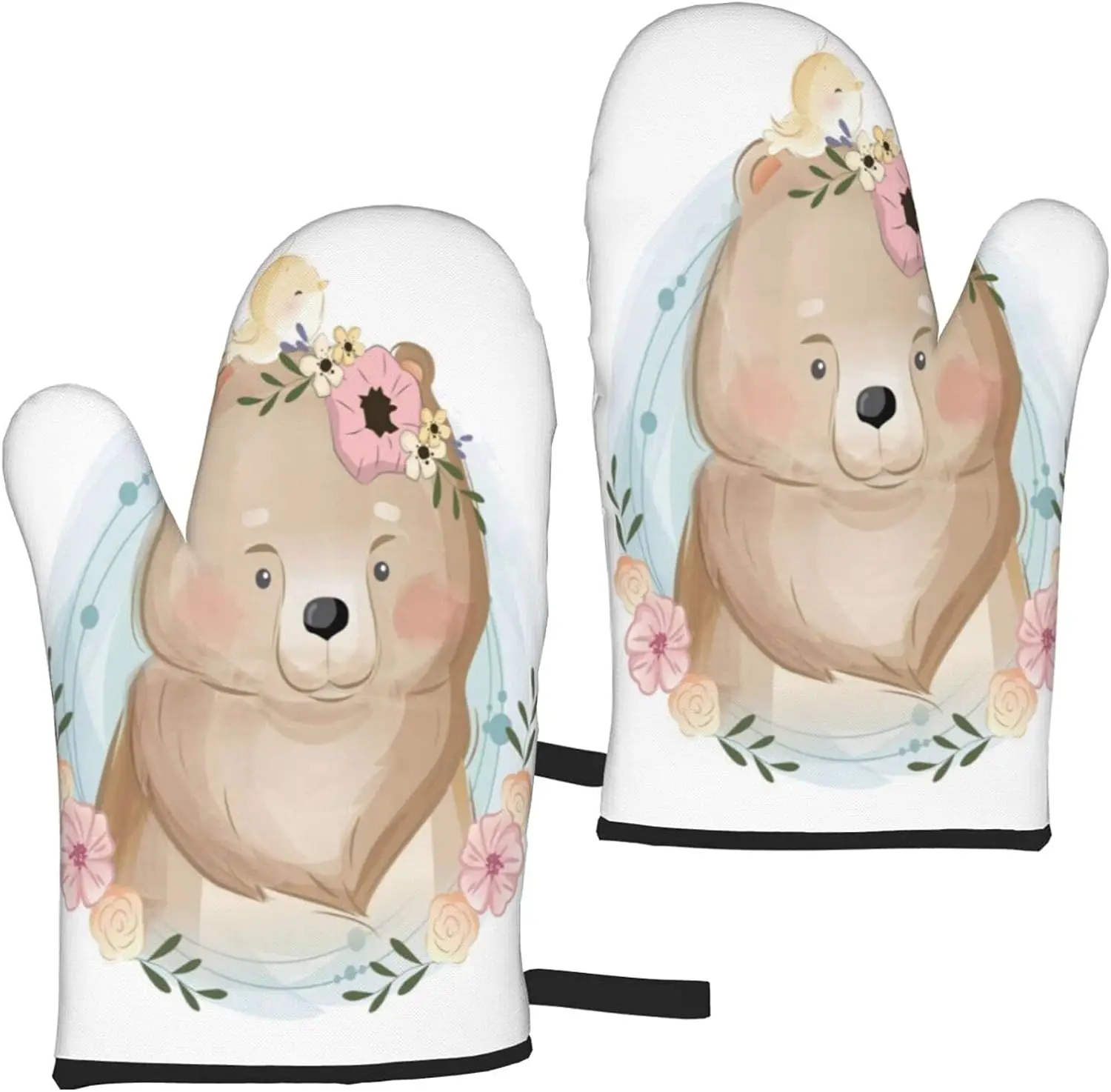 

Cartoon Cute Bear with Flower Oven Gloves Heat Resistant Kitchen Waterproof with Inner Cotton Layer for Cooking BBQ Baking