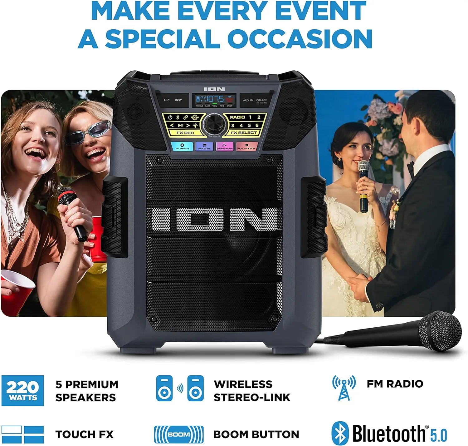 ION Block Rocker XL - Portable Bluetooth Outdoor Party Speaker, 220W, with Karaoke Microphone, Battery, 5 Speakers,