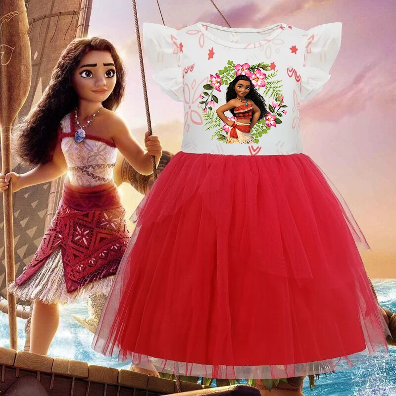 Disney Moana Princess Dress Short Sleeves Dress for Girls Cosplay Halloween Carnival Party Costume Printed Cute Clothes Cotton P