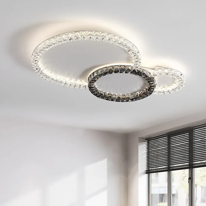 Modern Living Room Led Ceiling Lighting Metal Circle Art Deco Mounted Lamp Gloss K9 Crystals  Light Fittings