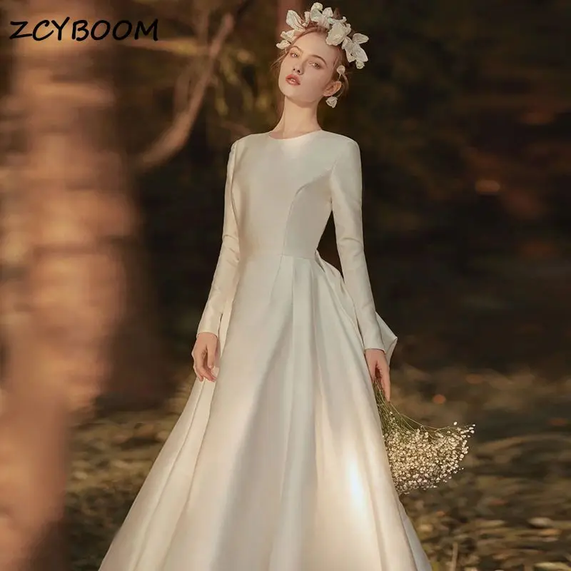 

Customized Muslim O-Neck A-line Bow Satin Full Sleeves Wedding Dresses For Women 2025 Court Train Bridal Gowns Vestido De Noiva