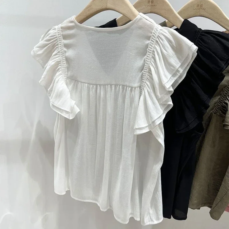 Flying Sleeve Shirts Women French Style Loose Ruffles Literary Solid All-match Elegant Mature Summer New Fashion Female Ulzzang