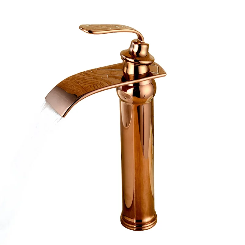 

Brass rose gold waterfall basin hot and cold faucet, sitting single hole table basin mixed faucet