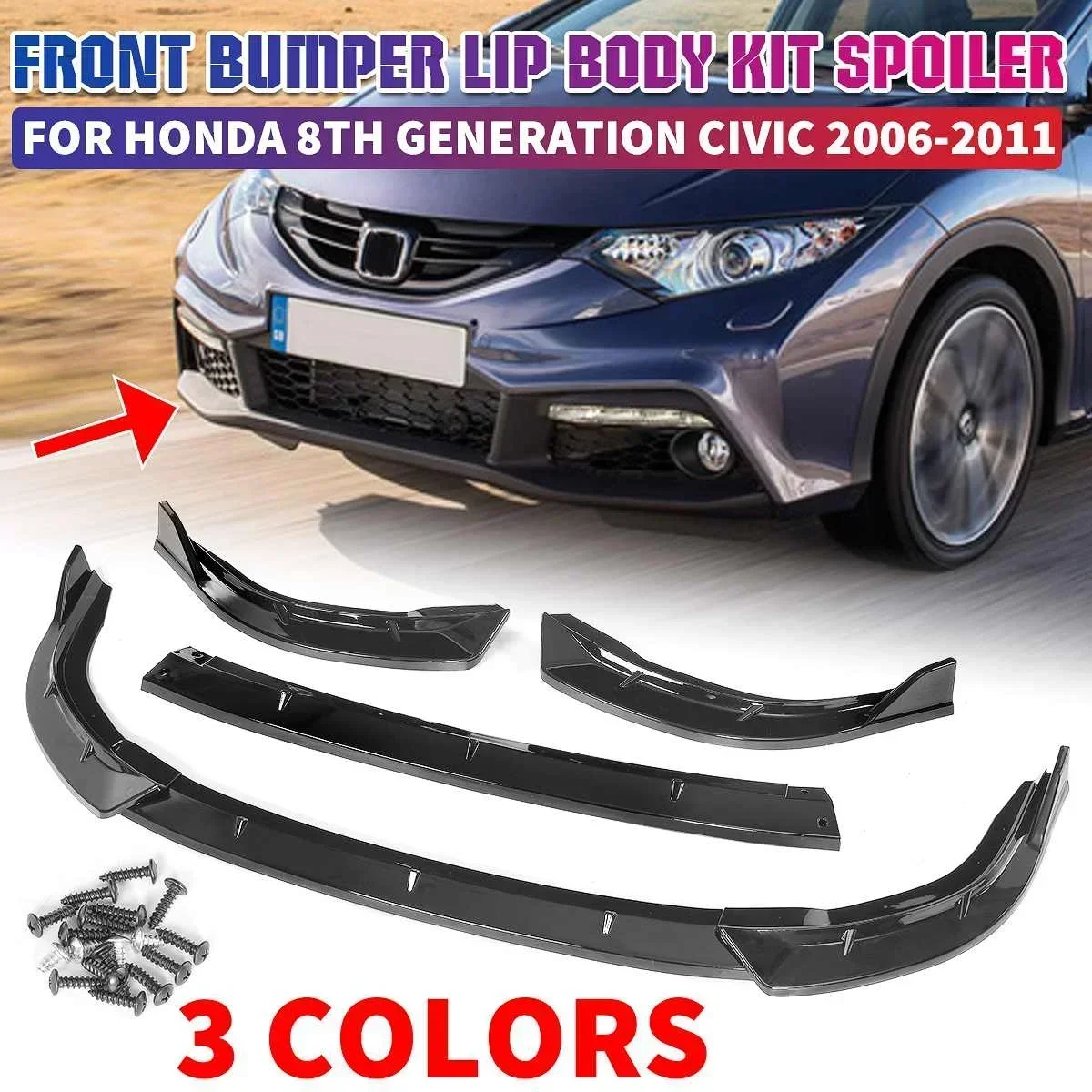 

3pcs Car Front Bumper Splitter Lip Spoiler Body Kit Bumper Diffuser Lip Guard For Honda For Civic 8th Generation 2006-2011