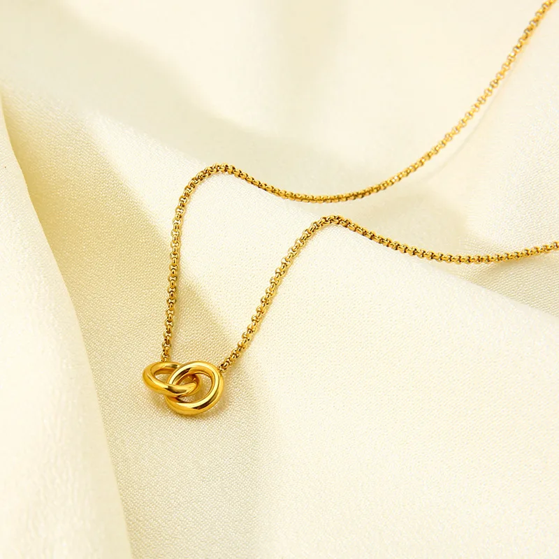 1Pc Geometric Stainless Steel Interlocking Double Ring Necklace Gold Plated Dainty Cable Chain Choker Modern Jewelry for Women