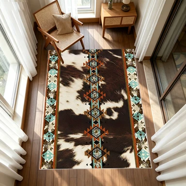 Western Cowhide Aztec Style Rug Farmhouse Cowhide Printed Rug Non-Slip Floor Mat Suitable for Country Home Decor