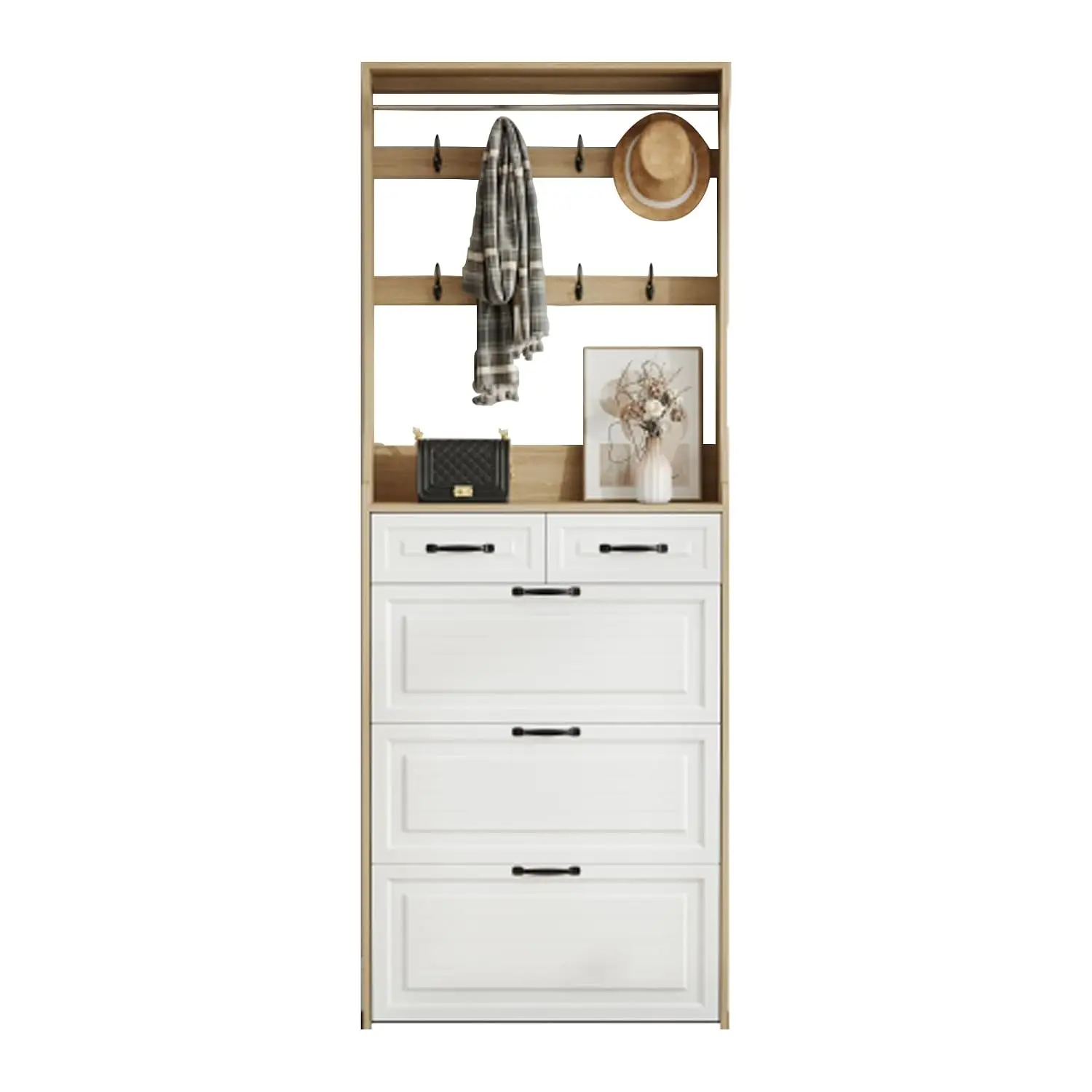 Oak Shoe Cabinet 3 Doors 2 Drawers Hanger PVC Pattern Large Storage, Customized