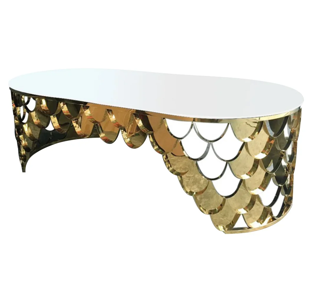 for Luxury Oval Marble Dining Table Gold Stainless Steel Fish Scale Wedding Table for Home Hotel Restaurant