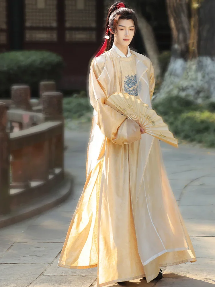 Traje de Hanfu chinês antigo para homens, saia superior e cinto, manto de samurai, hanfu, artes marciais, impressão do dragão, roupa de peixe voador