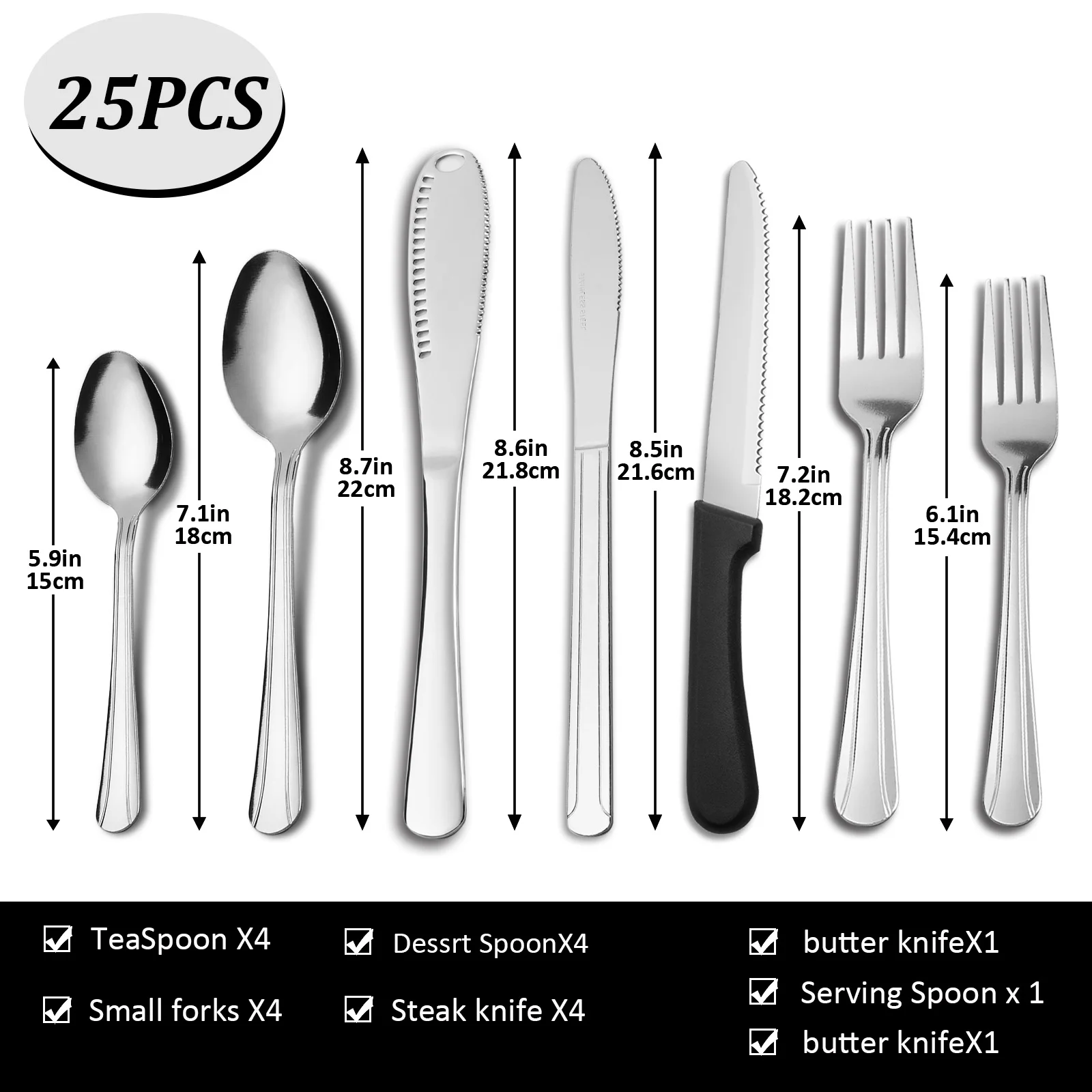 KOOMADE 25/50 Uds. Cubiertos de acero inoxidable lavavajillas contiene cuchillo para carne y mantequilla resistente a la oxidación diseño elegante cómodo