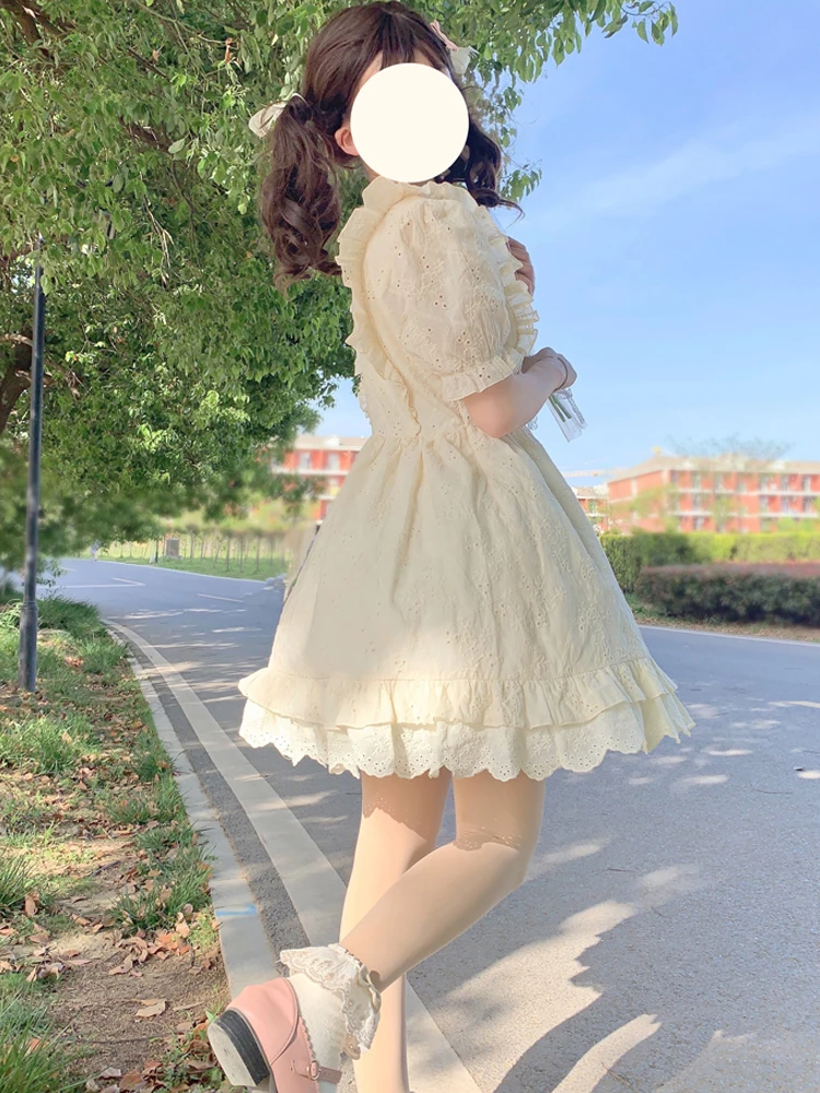 KIMOKOKM Vintage Mori Style Prairie Chic Lolita Ruffled Lace Kawaii Puff Sleeve Bow A-Line Princess Girly Japanese Mini Dress