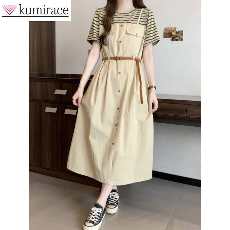 

Extra Large Fake Two Striped T-shirt Dress for Women in Summer Slimming Down and Covering the Belly French Suspender Long Dress
