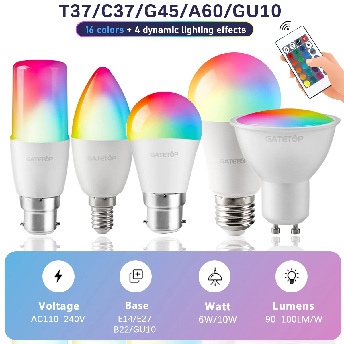 Bombilla regulable RGB de 16 colores E14 E27 B22 GU10 110V 220V lámpara inteligente 24 teclas Control remoto RGBW bombillas de atenuación de luz para sala de estar