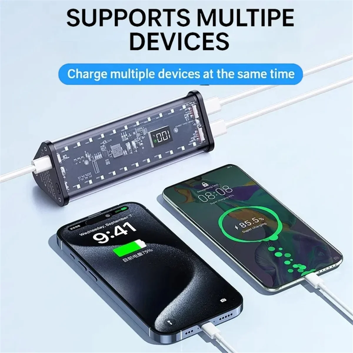 

2025+ Transparent 6x18650 Power Bank Case 22.5W Fast Charging Powerbank Case LED USB Type C Port Battery Storage Box Orange