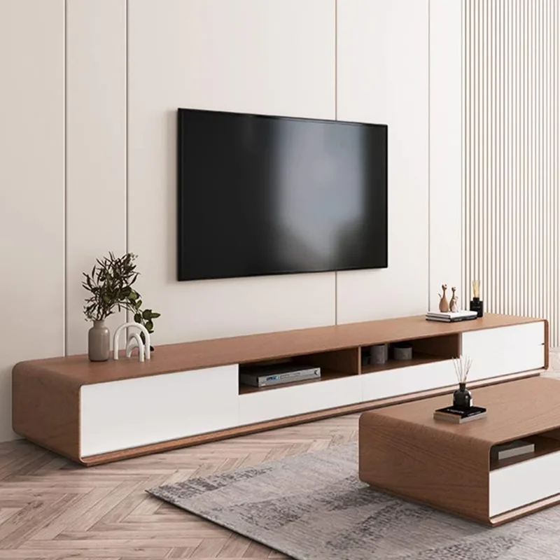 

Modern Wood White TV Stand, Lowline Media Console with 4 Drawers, Open Storage Cabinet, Walnut Veneer, Fully-Assembled, 94.5"