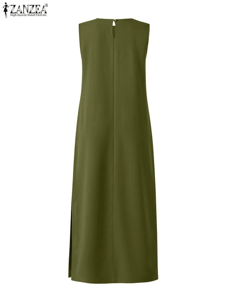 ZANZEA-Vestidos largos sin mangas para mujer, Vestidos largos informales con abertura lateral y cuello redondo, Vestidos sin mangas lisos para ir al trabajo en verano 2025