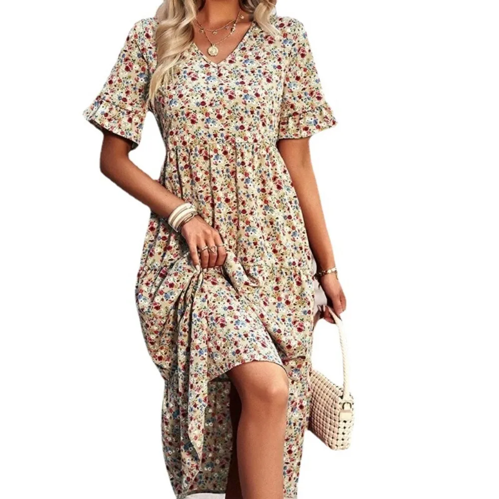 

Floral Long Maxi Dress Casual Bohemian V Neck Short Sleeve Flowing Beach Sundress Summer Outdoor Vacation Wear 124