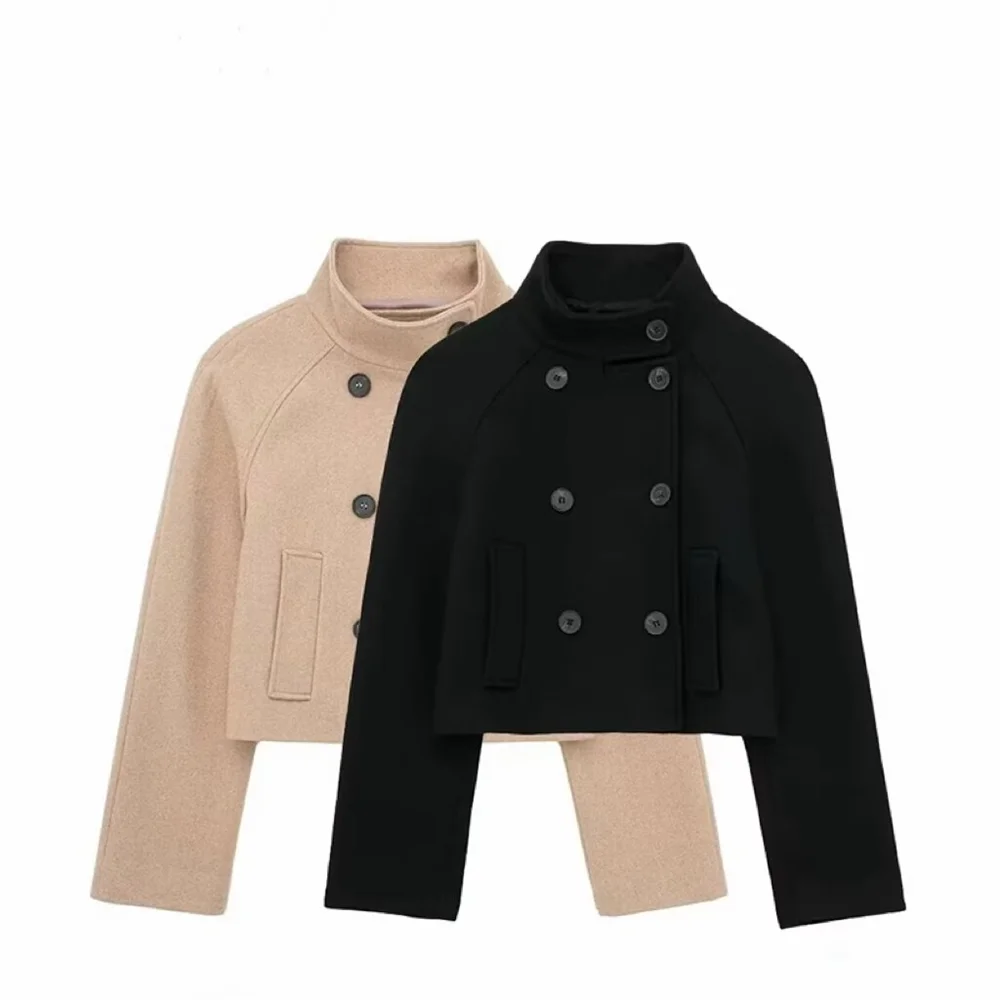 PB&ZA2024 Autumn New Women's Fashion Versatile Solid Color Stand up Collar Double Row Buckle Long Sleeve Jacket Short Coat