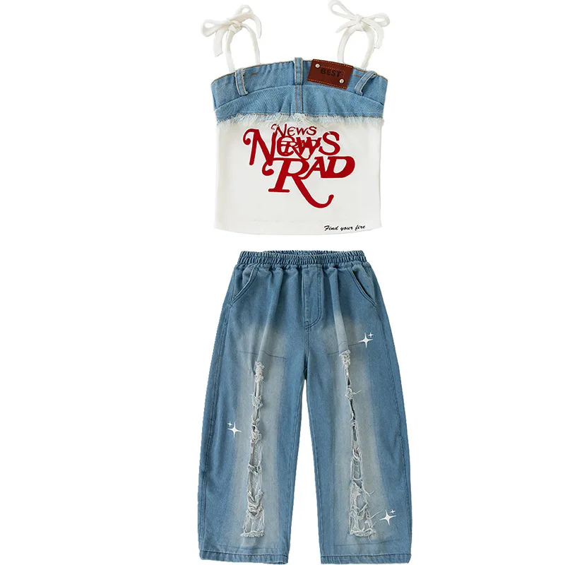 طفل Kpop الهيب هوب الملابس الأبيض الدانتيل يصل المحاصيل تانك القمم الدنيم الأزرق عادية واسعة ممزق الجينز السراويل لفتاة أزياء رقص الملابس #5