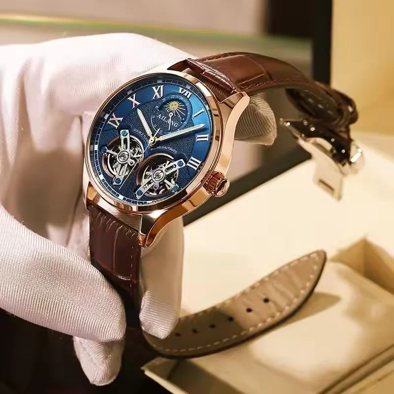 Business & Leisure Style Men's Automatic Mechanical Watch Double Tourbillon with Moon Phase  Personality Customizable