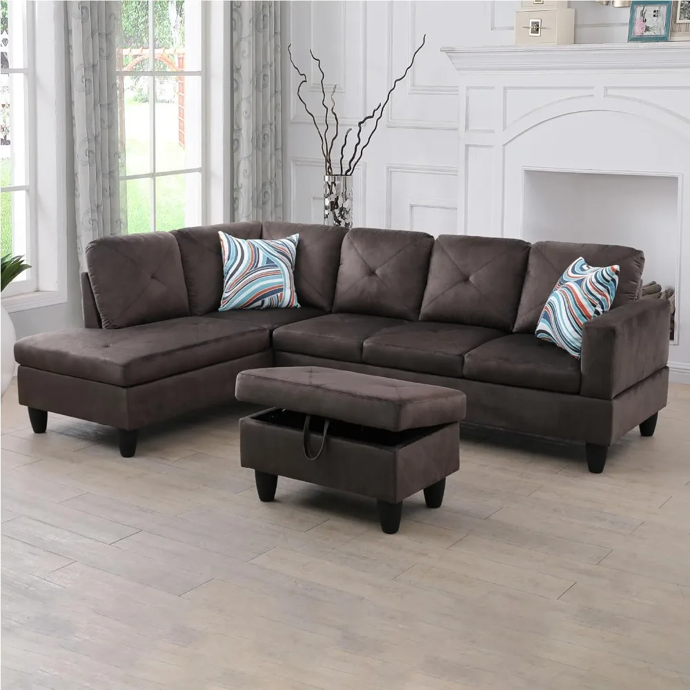 Sectional Sofa with Chaise and Storage Ottoman,Flannel 3-Piece Living Room Furniture Set, Upholstered L-Shape Corner Couch