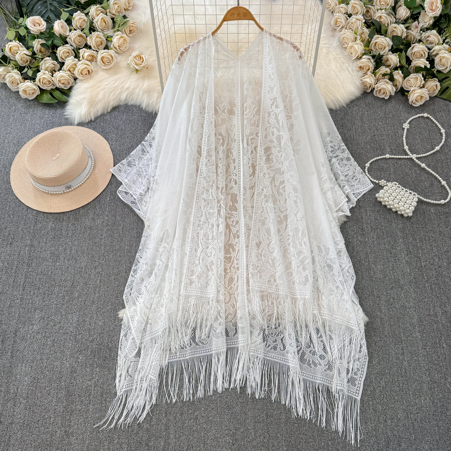 

White Fairy Lady Lace Crochet Tassel Shawl Top Shirt Tropical Summer Thin Bikini Cover Blouse Beach Holiday Cardigan Open Stitch