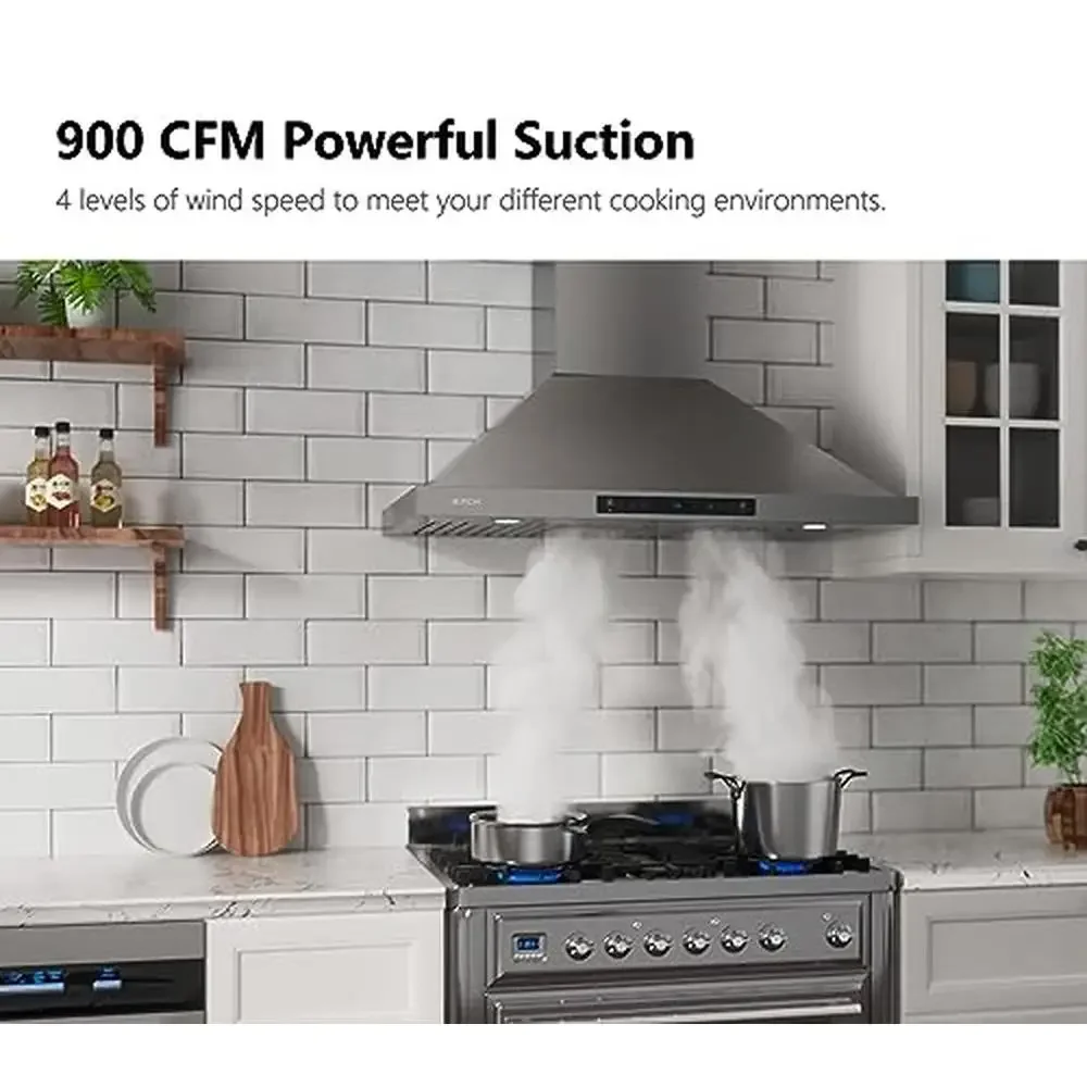 36-inch Stainless Steel Wall Mount Range Hood 900 CFM Ducted/Ductless Kitchen Vent Gesture Sensing Remote 4-Speed LED Lights &