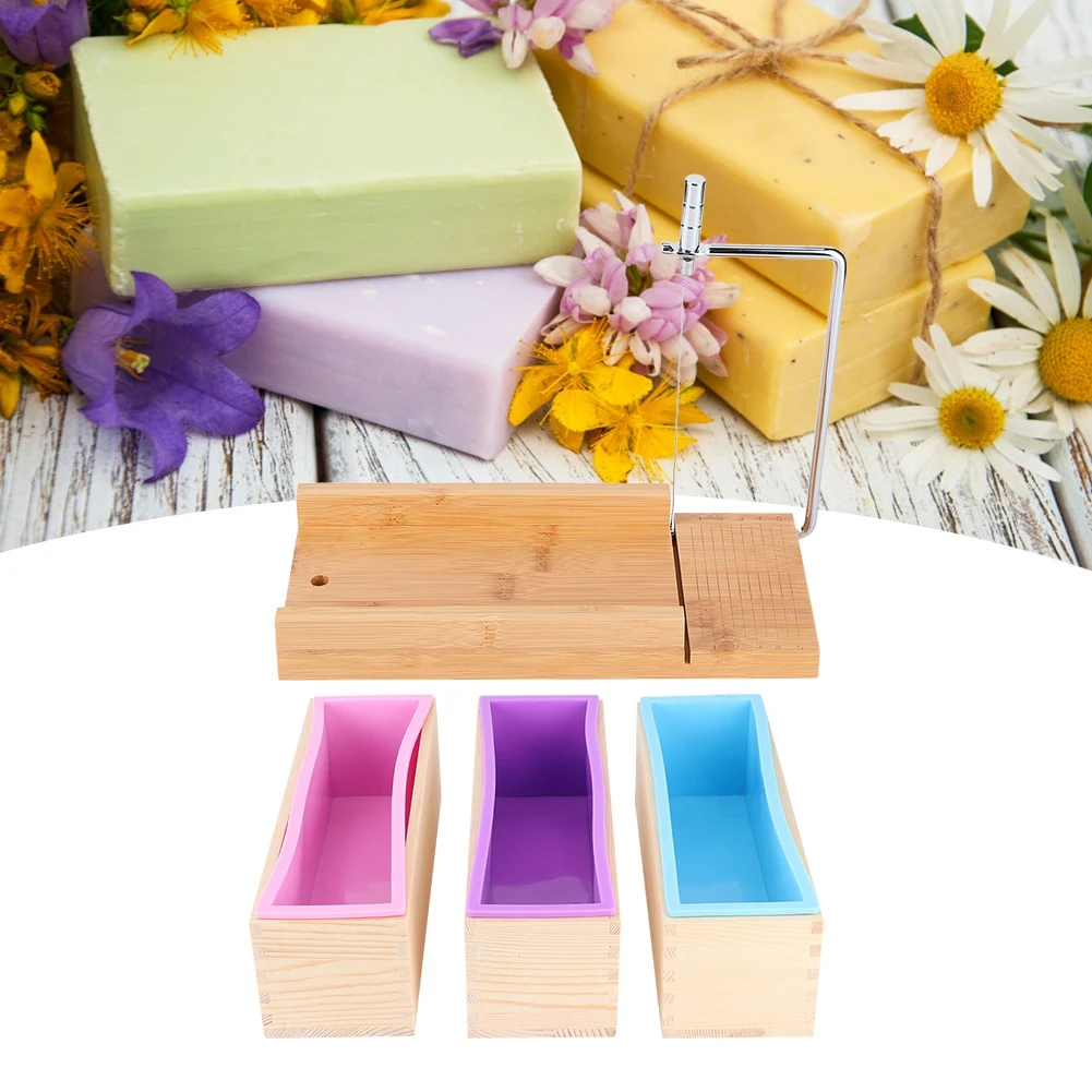 

1200ml DIY Silicone Soap Making Mold Set Wooden Box + Manual Scale Cutter Easy-to-Demold Kitchen Craft Tool