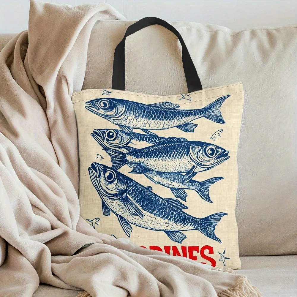 1 قطعة حمل حقيبة خمر السردين نمط أكياس البقالة قابلة لإعادة الاستخدام للتسوق ، حقيبة يد يومية حقيبة مقبض دائم ، حمل الحقائب