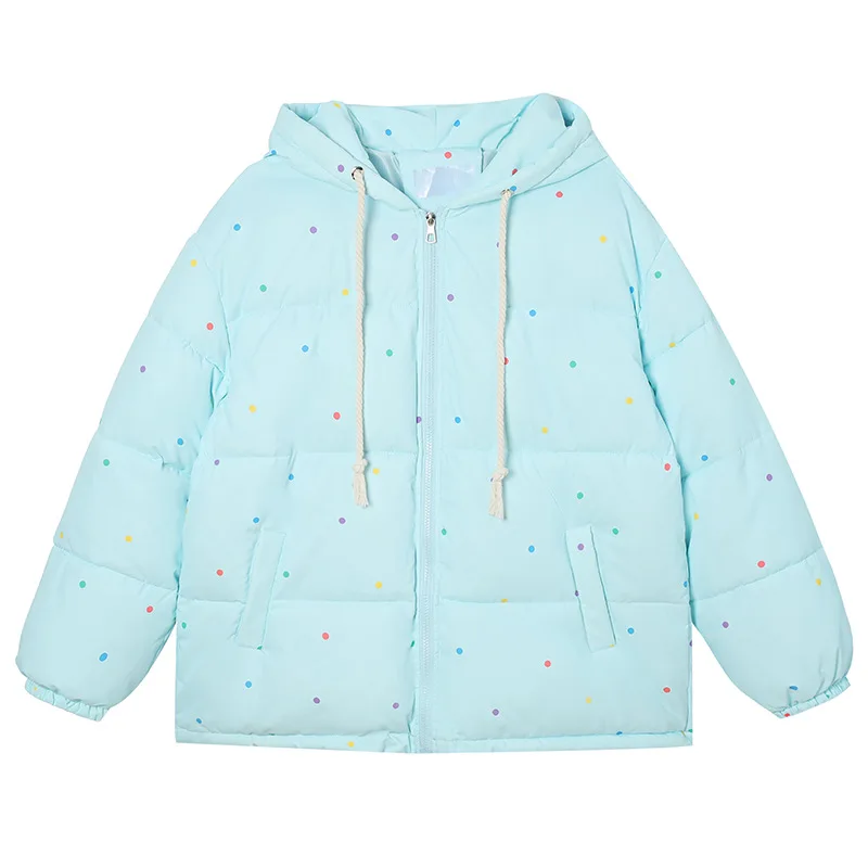 Korean Style Polka Dot Hooded Cotton Coat for Women New Loose Long Sleeve Thick Warm Bread Jacket Winter Sweet Parkas Outerwear