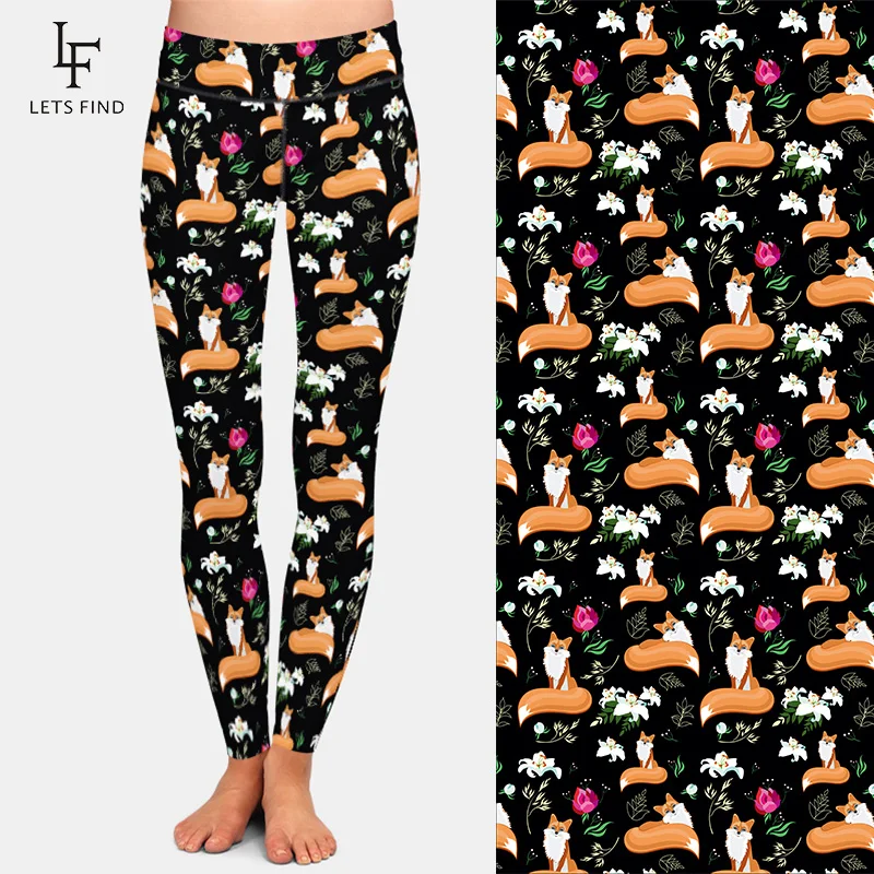 Letsfind Naadloze Vrouwen Zwart Leggings Fashion Hoge Taille Vos En Bloemen Printing Elasticiteit Leggings