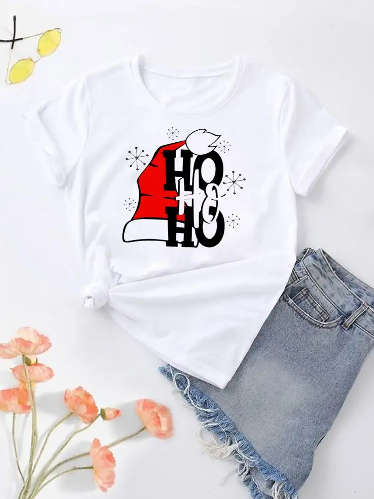 

Snowflake Hat Trend Women Shirt Tee Christmas Clothing Lady New Year Short Sleeve Print Fashion Top Clothes Graphic T-shirt