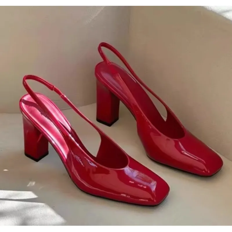 

New Style Women's Designer Patent Leather Women Sandals Fashion Square Toe Dress Street Style High Heel Shoes Zapatos De Mujer
