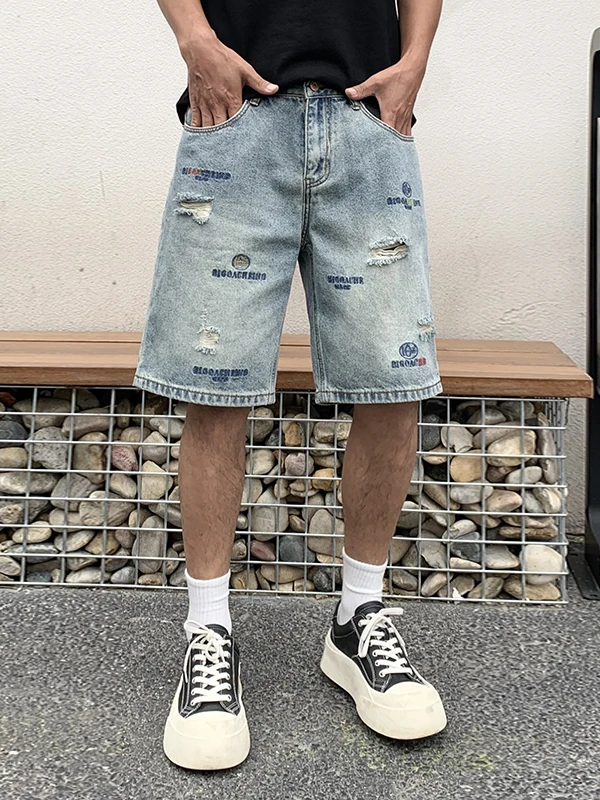 

High-End American Retro Distred Embroidered Jeans orts Men's Loose Straight Casual Five-Quarter Pants Summer Wear