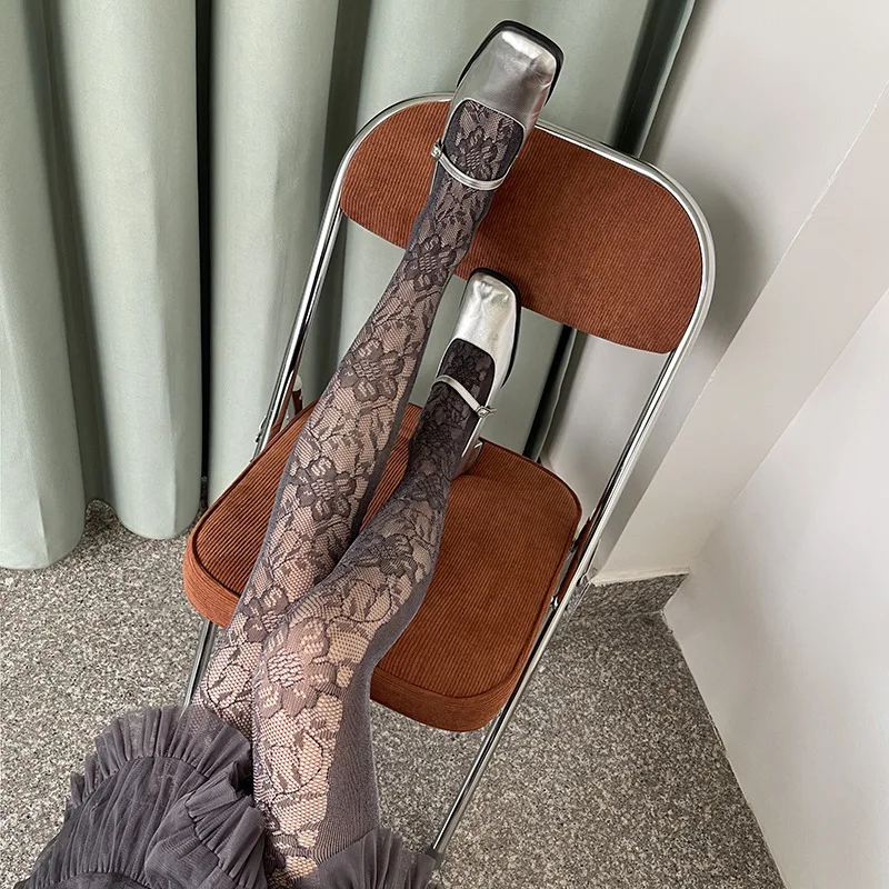 Fashion Front Floral Jacquard Women's Pantyhose Hollow Out Breathability Hottie Retro Black Purple Lace Tights