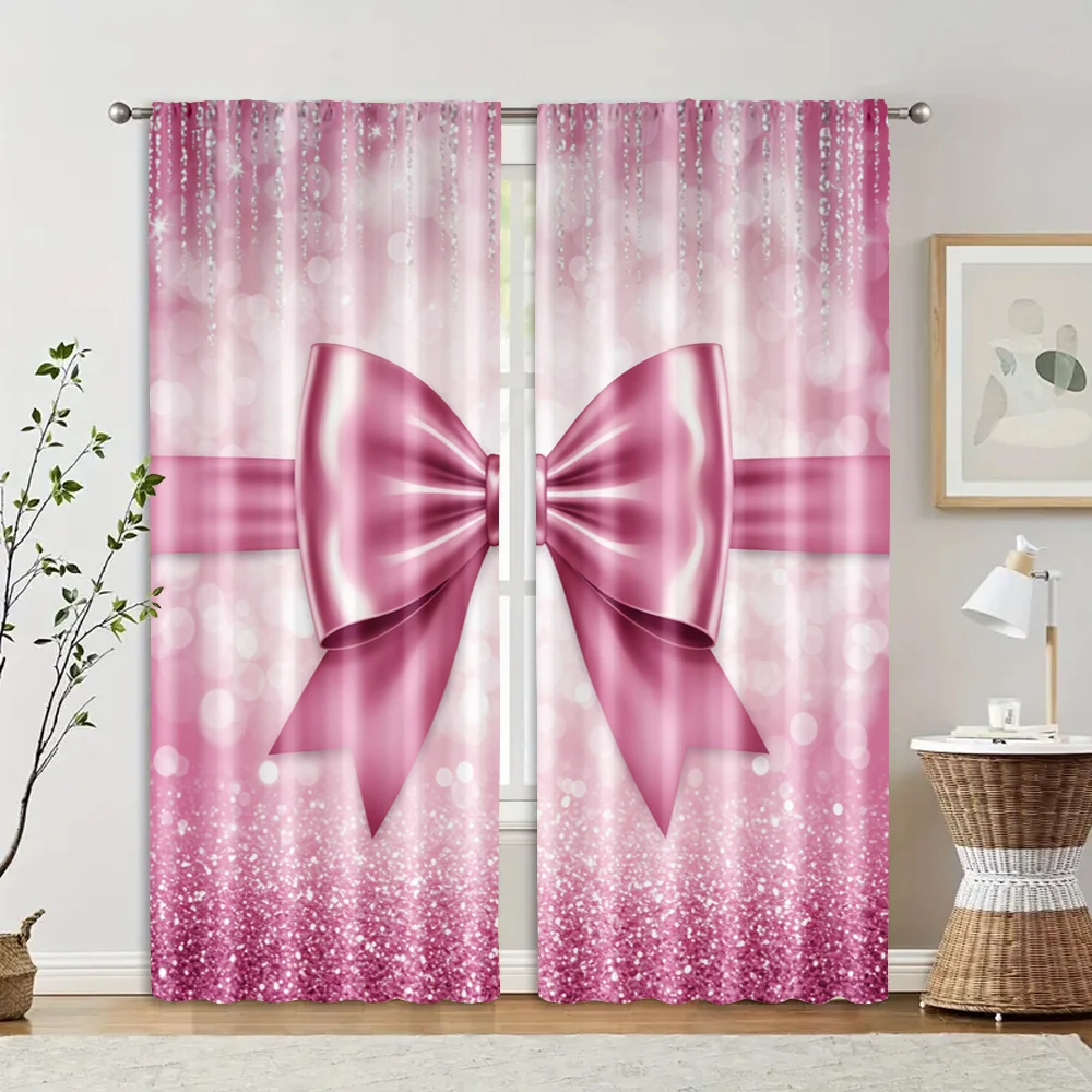 2pc,  Curtains Pink bow print Versatile Polyester Fabric,Without Electricity Family Party Suitable for Parties and Everyday