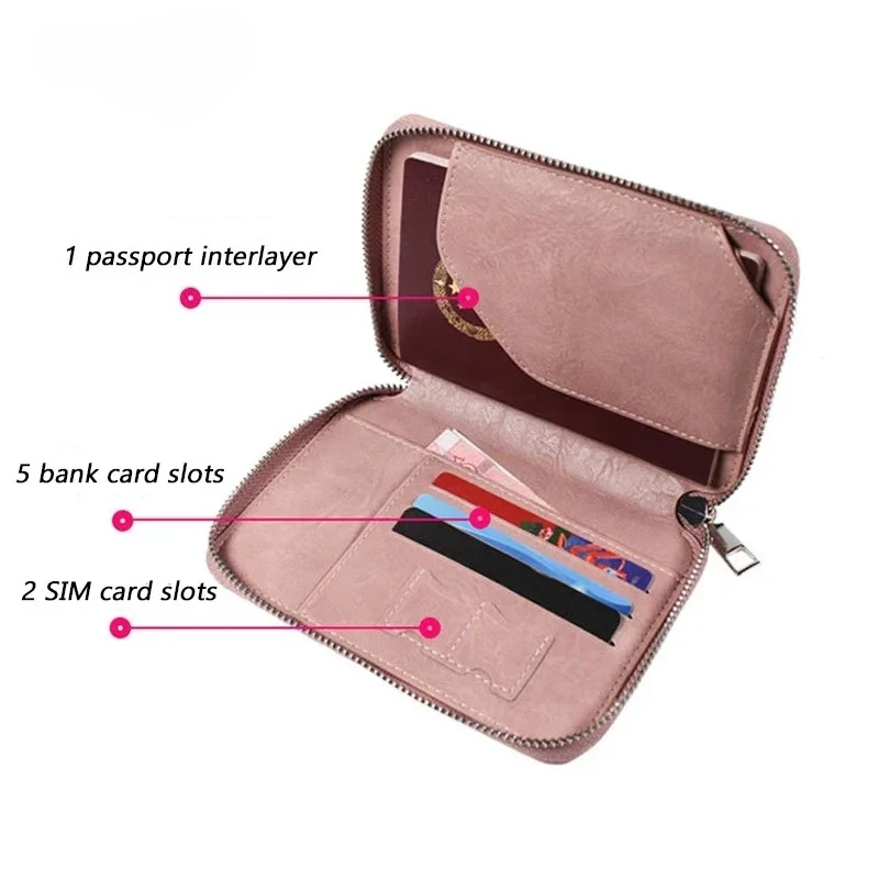 Multifunctional Anti-Theft Brush Passport Holder Bag Travel Wallet Travel Wallet Zipper Storage Bag Leather Case Passport Holder