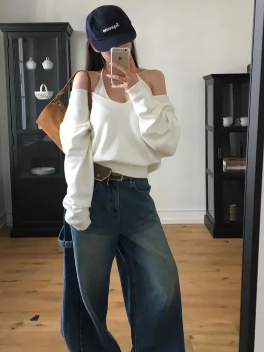 Chic V-Neck Loose Knitted Sweater Women's Pure Desire Top Strap Attractive Two-Piece Set Lazy Style Fashionable Autumn Wear