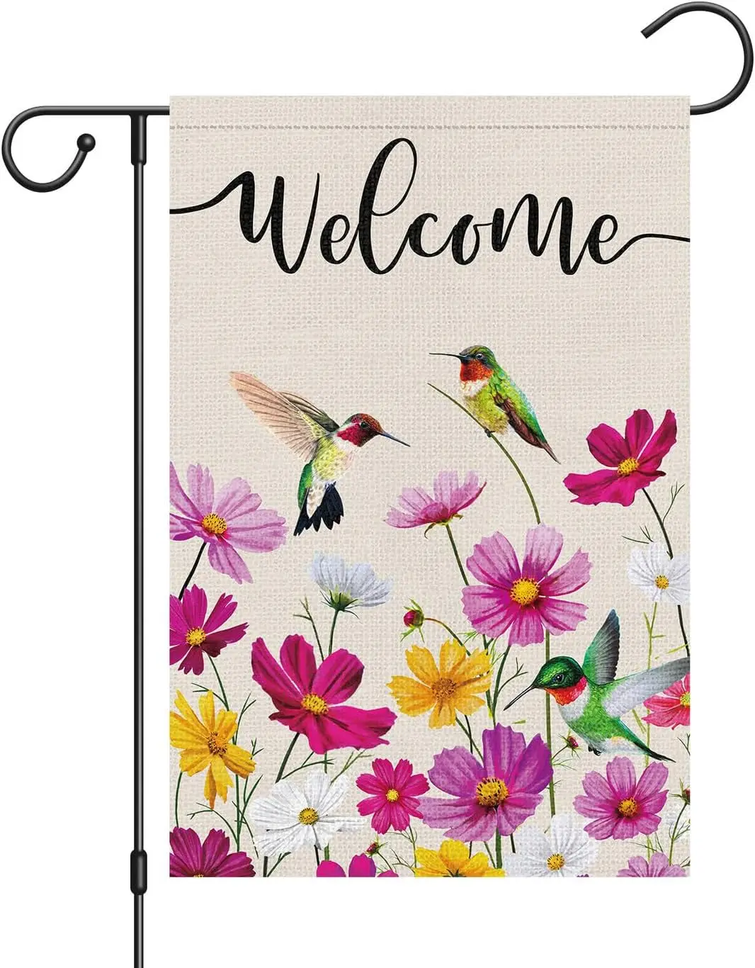 Louise Maelys Welcome Spring Summer Garden Flag 12x18 Double Sided Vertical, Burlap Small Cosmos Floral Flower Garden Yard House