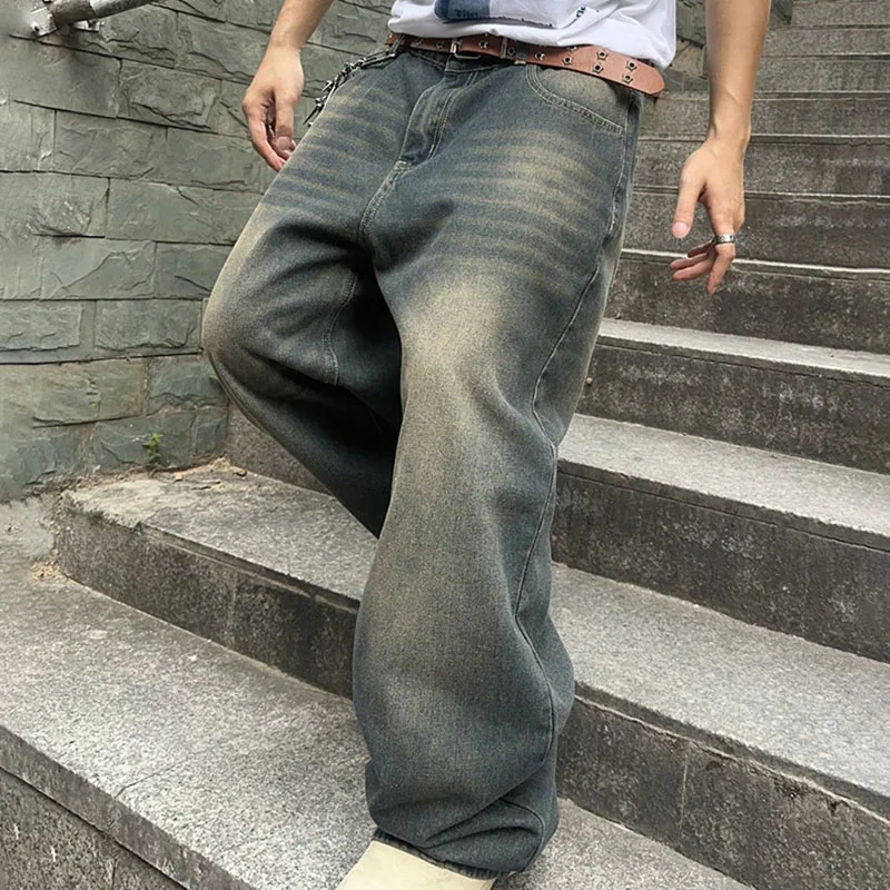 กางเกงยีนส์ทรงตรงสไตล์เรโทรเกาหลีสำหรับผู้ชาย กางเกงยีนส์หลวมๆ สไตล์ลำลอง กางเกงขากว้างสีน้ำเงิน