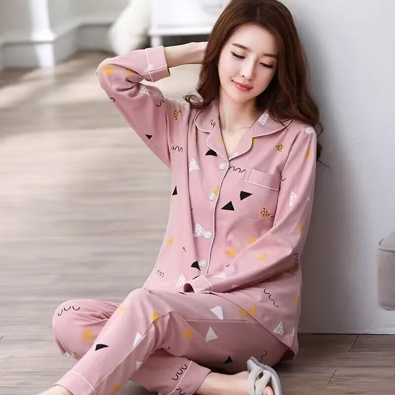 High Quality Large Size Women Cotton Pajamas Button down Tops and Trousers Set Sleepwear Homewear Printing Nightwear Loungewear