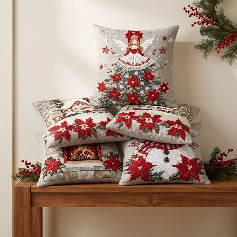 Cute 2D Flat Printing Christmas Pillow Covers Soft Plaid Xmas Tree Pillowslip Flower Ball Snowman Pillow Cover Living Room